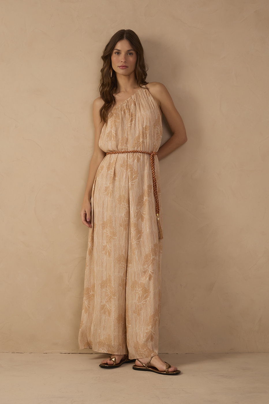 Beige Oceano One Shoulder Lurex Jumpsuit_1