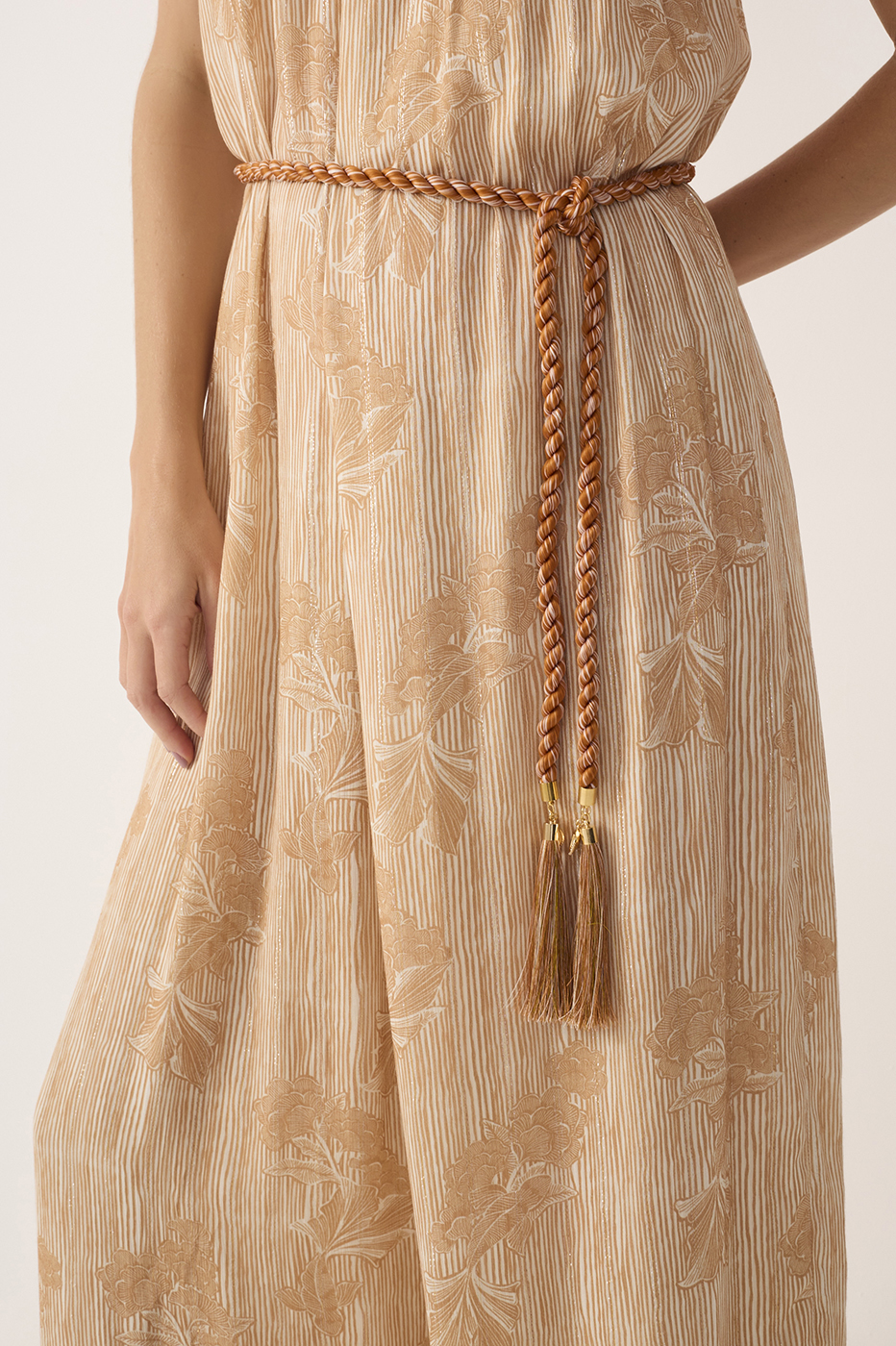 Beige Oceano One Shoulder Lurex Jumpsuit_6