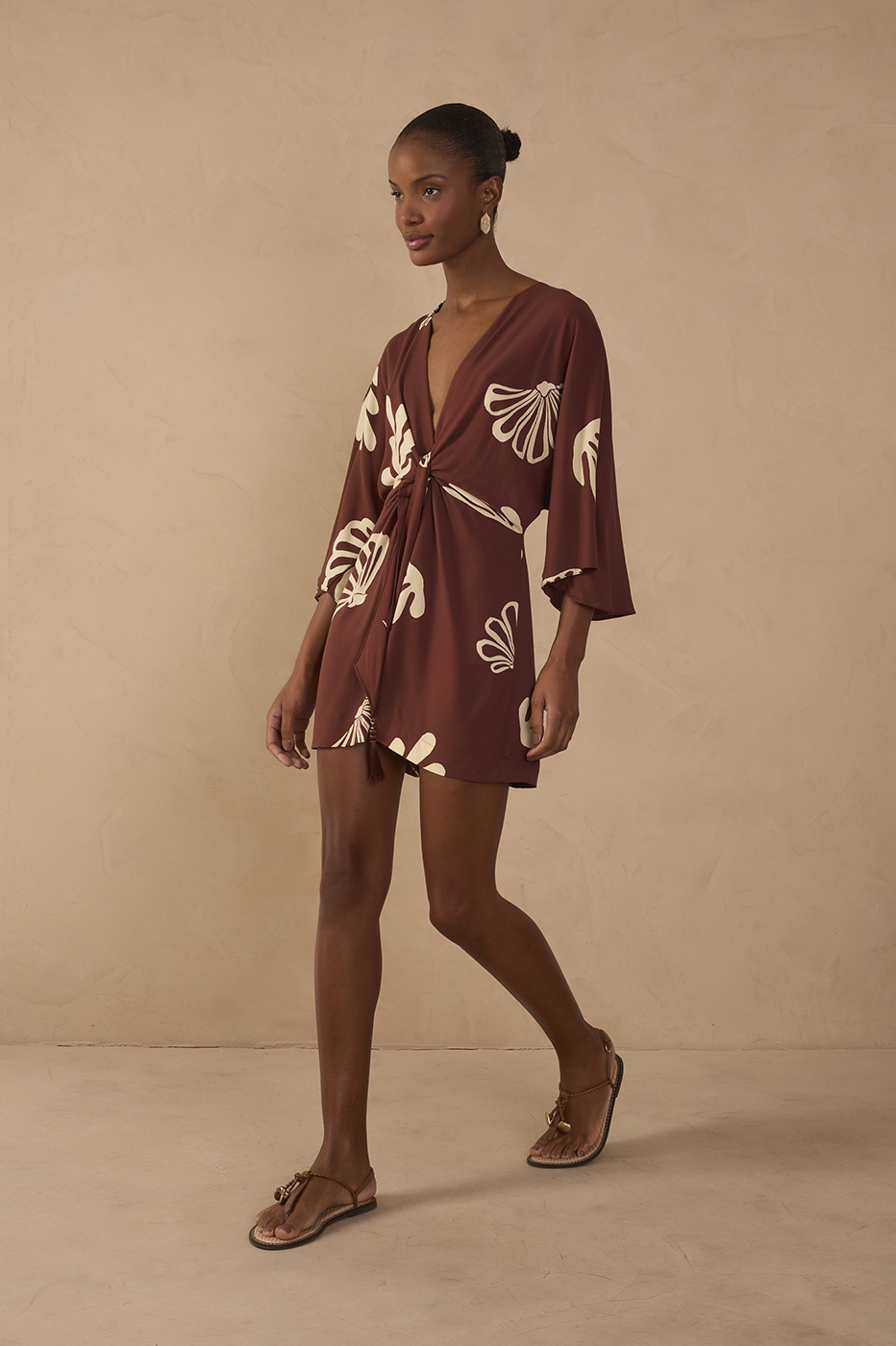 Brown Mares V Neck Front Ties Kimono Sleeve Romper_1