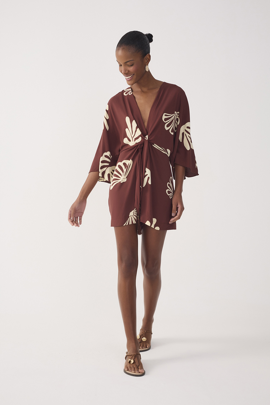 Brown Mares V Neck Front Ties Kimono Sleeve Romper_2