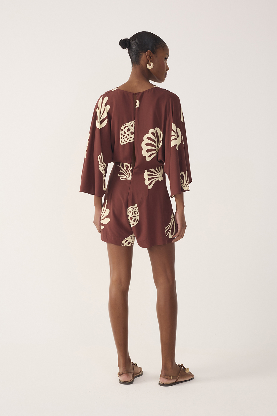 Brown Mares V Neck Front Ties Kimono Sleeve Romper_6