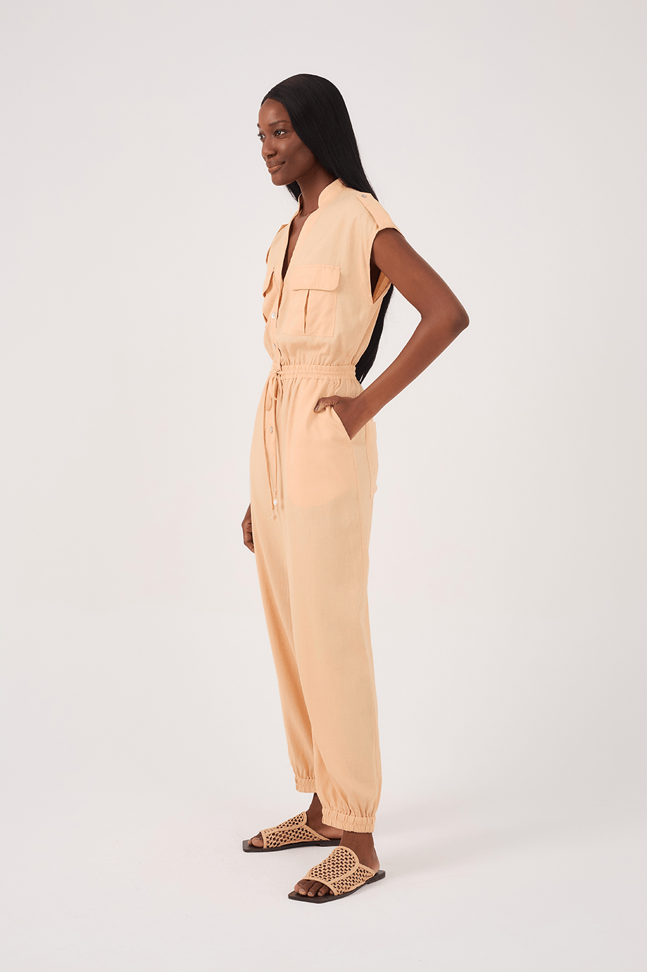 Beige Elastic Waist Jumpsuit_3