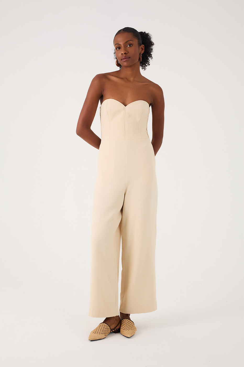 Off-White Topstitched Strapless Linen Jumpsuit_3