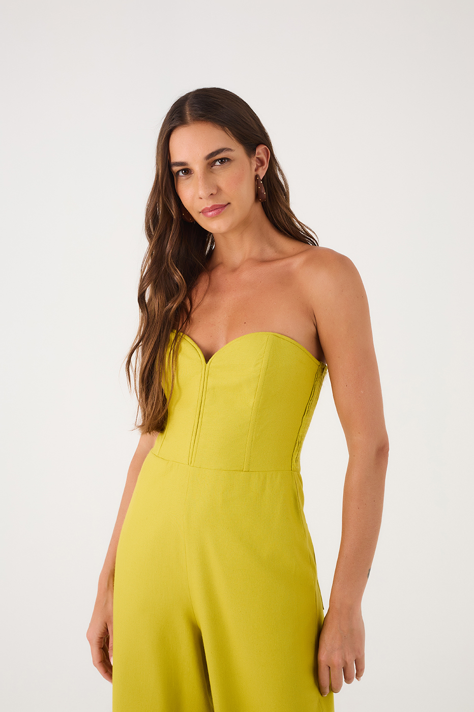 Green Topstitched Strapless Linen Jumpsuit_4