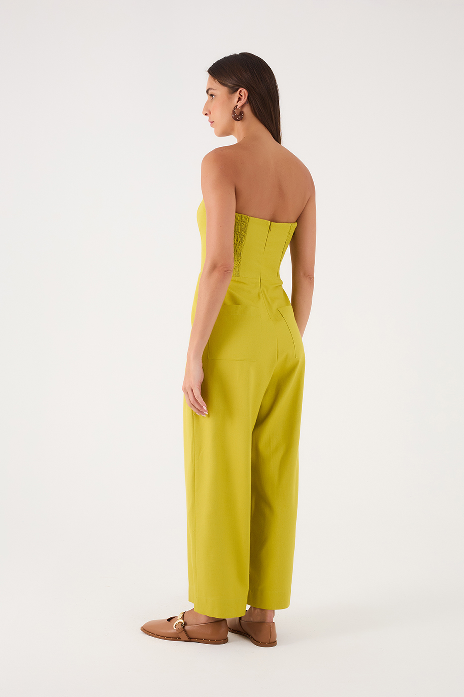 Green Topstitched Strapless Linen Jumpsuit_6