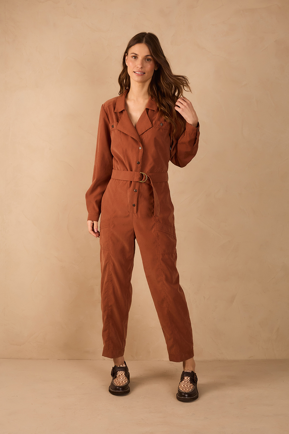 Brown Mate Notched Lapel Belted Utility Jumpsuit