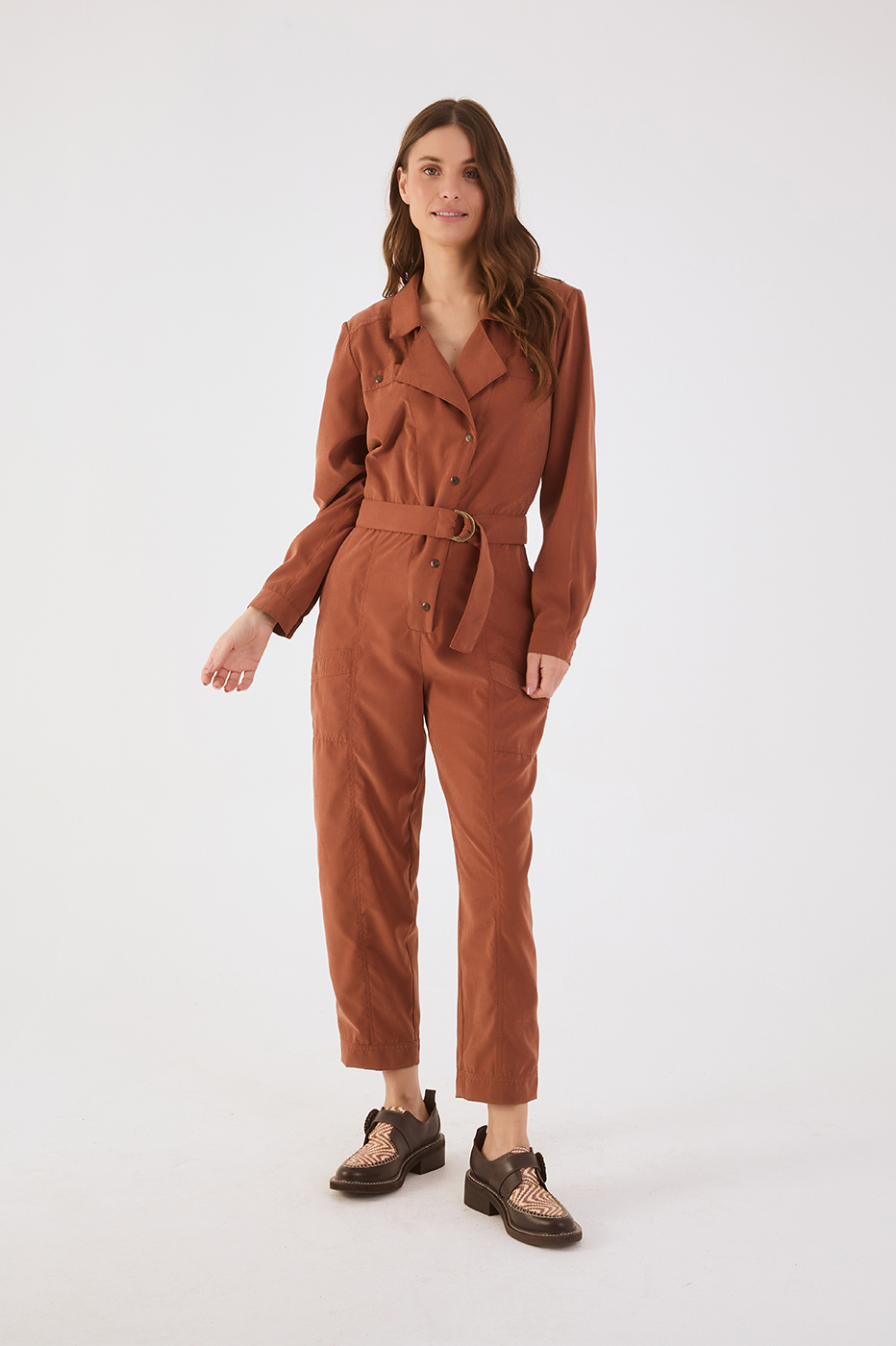 Brown Mate Notched Lapel Belted Utility Jumpsuit