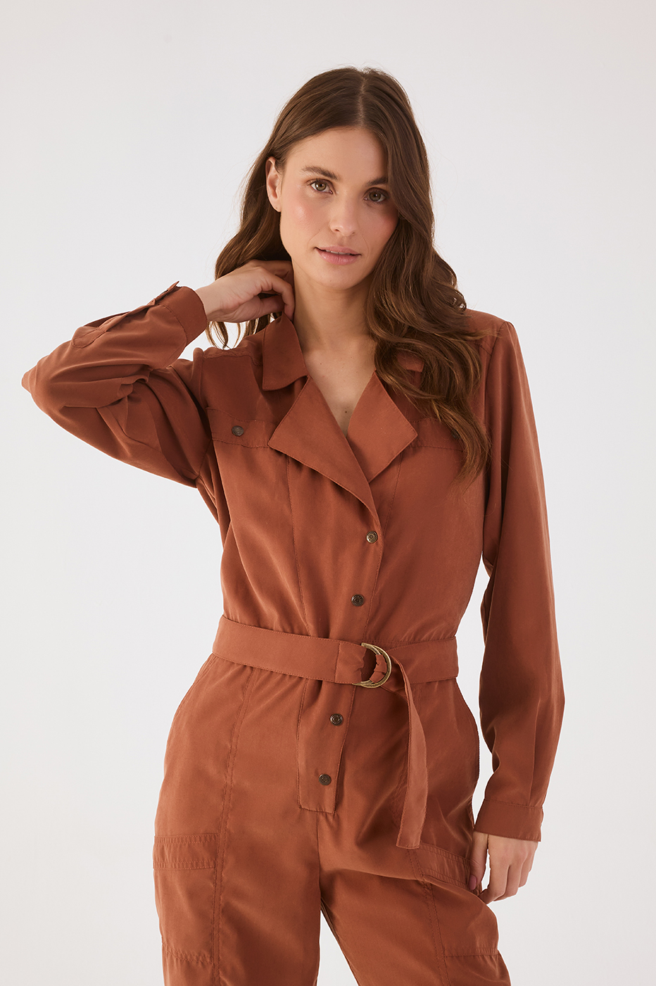 Brown Mate Notched Lapel Belted Utility Jumpsuit