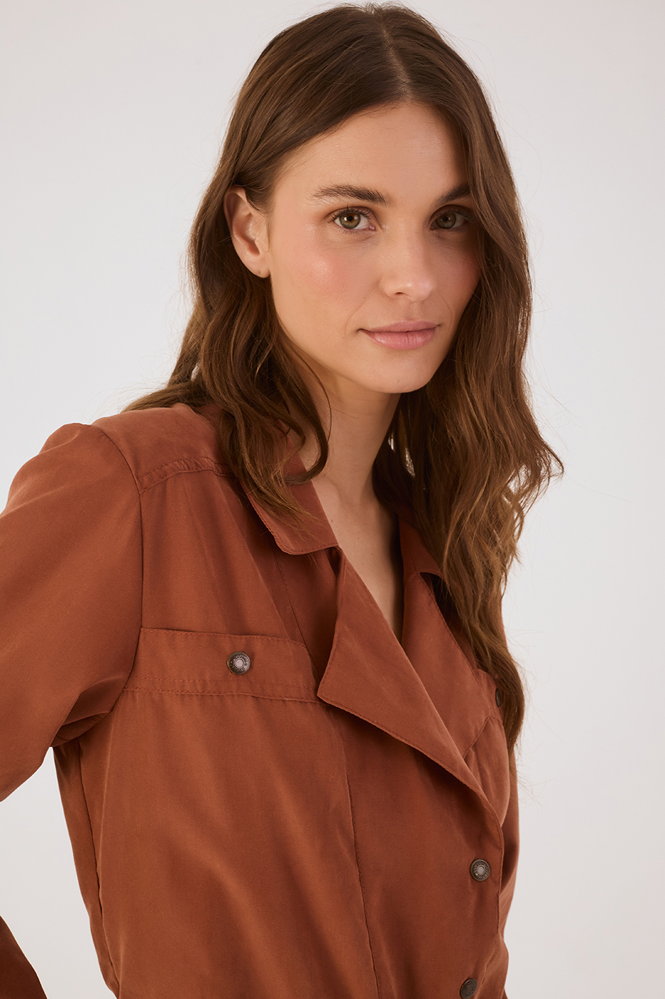 Brown Mate Notched Lapel Belted Utility Jumpsuit