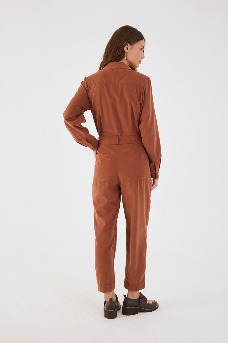 Brown Mate Notched Lapel Belted Utility Jumpsuit