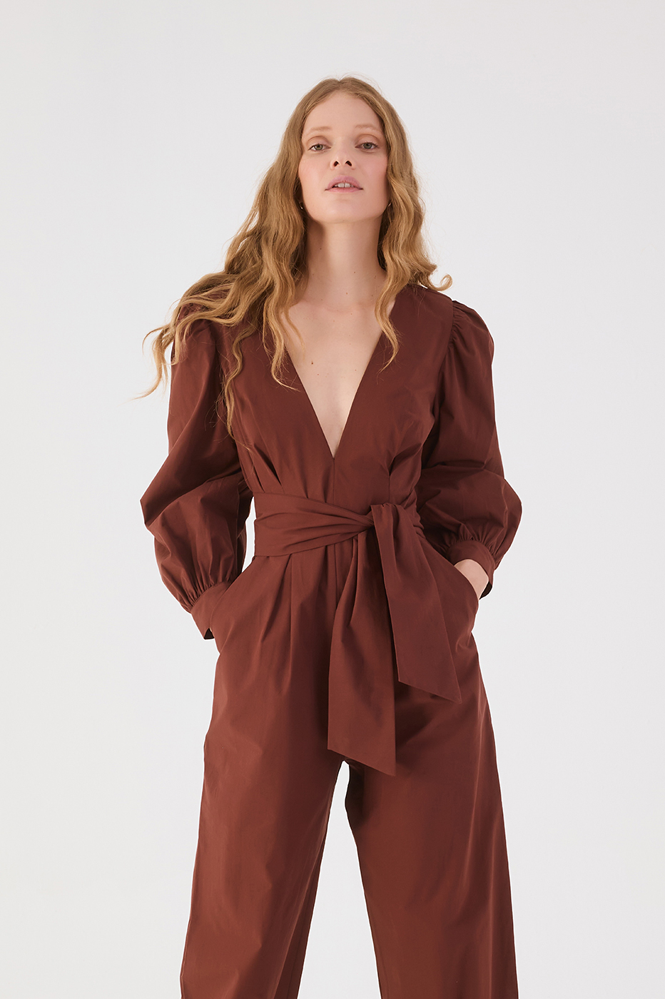 Brown V Neck Belted Puff Sleeve Cotton Jumpsuit