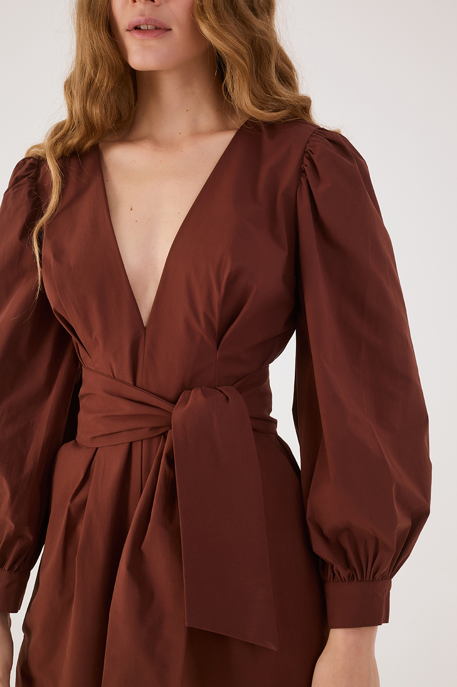 Brown V Neck Belted Puff Sleeve Cotton Jumpsuit