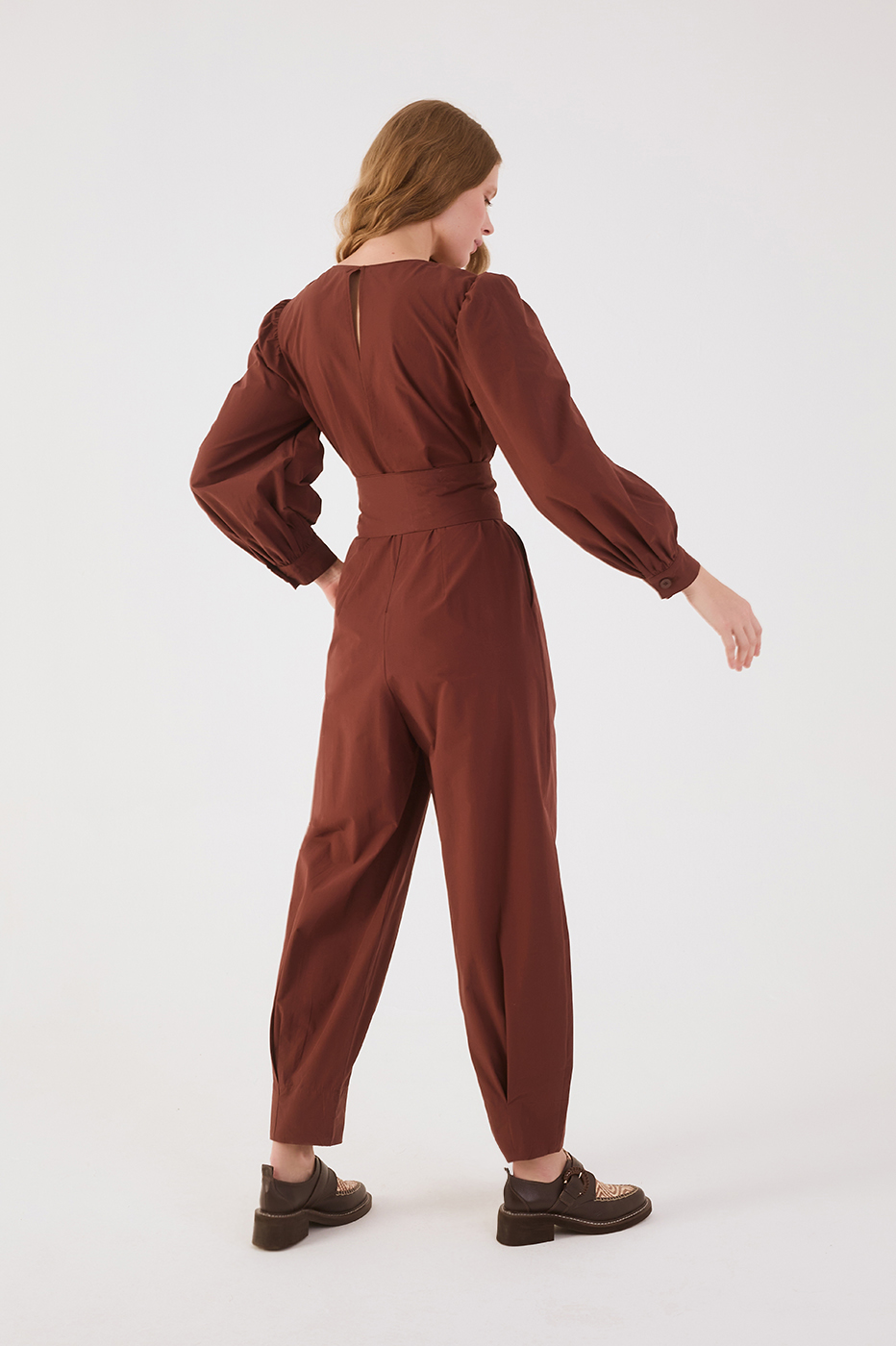 Brown V Neck Belted Puff Sleeve Cotton Jumpsuit