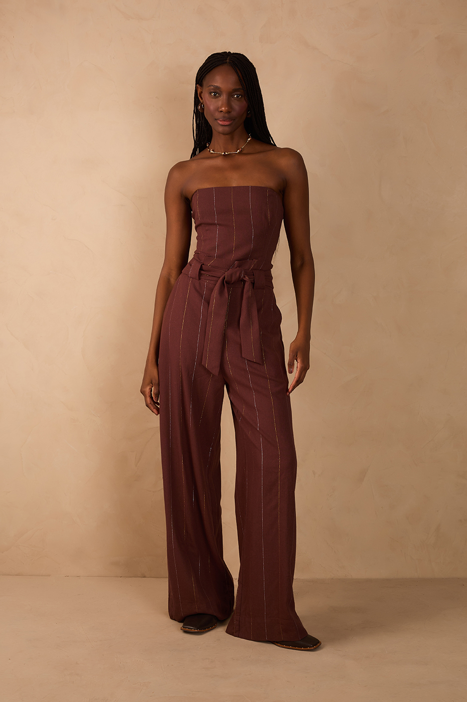 Brown Lurex Strapless Belted Pockets Linen Jumpsuit