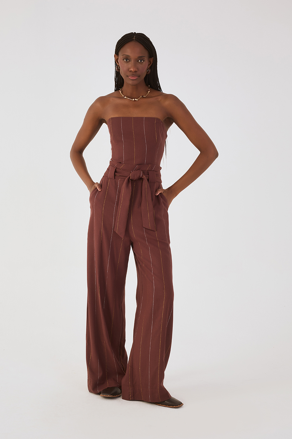 Brown Lurex Strapless Belted Pockets Linen Jumpsuit