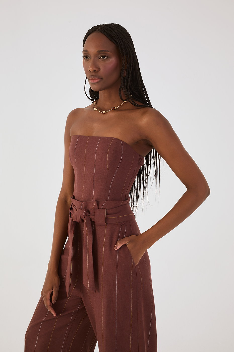 Brown Lurex Strapless Belted Pockets Linen Jumpsuit