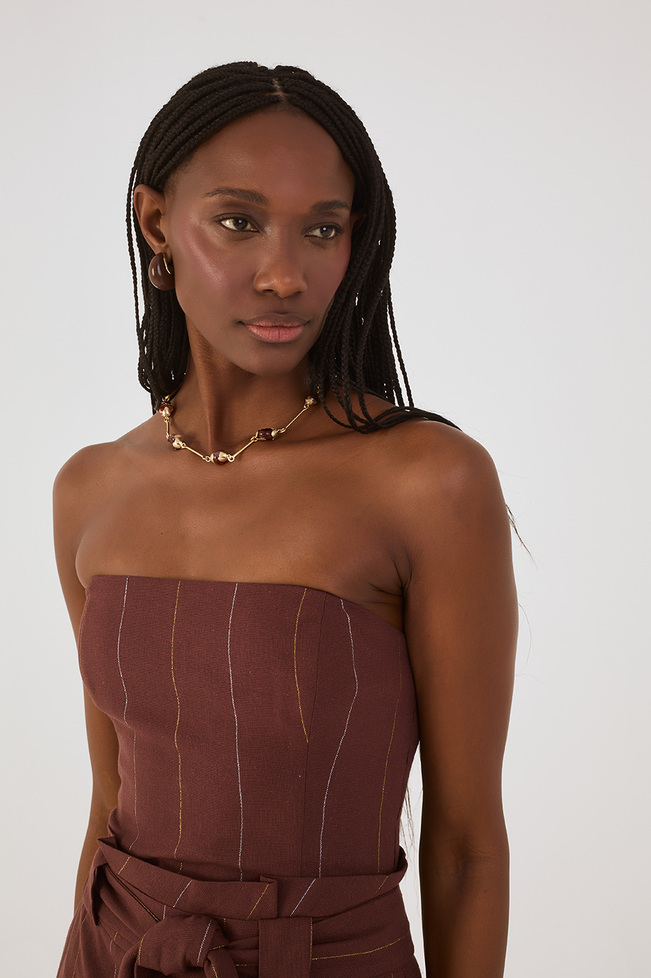 Brown Lurex Strapless Belted Pockets Linen Jumpsuit