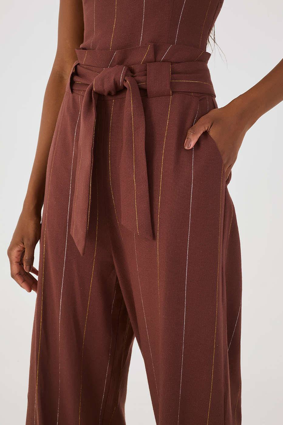 Brown Lurex Strapless Belted Pockets Linen Jumpsuit