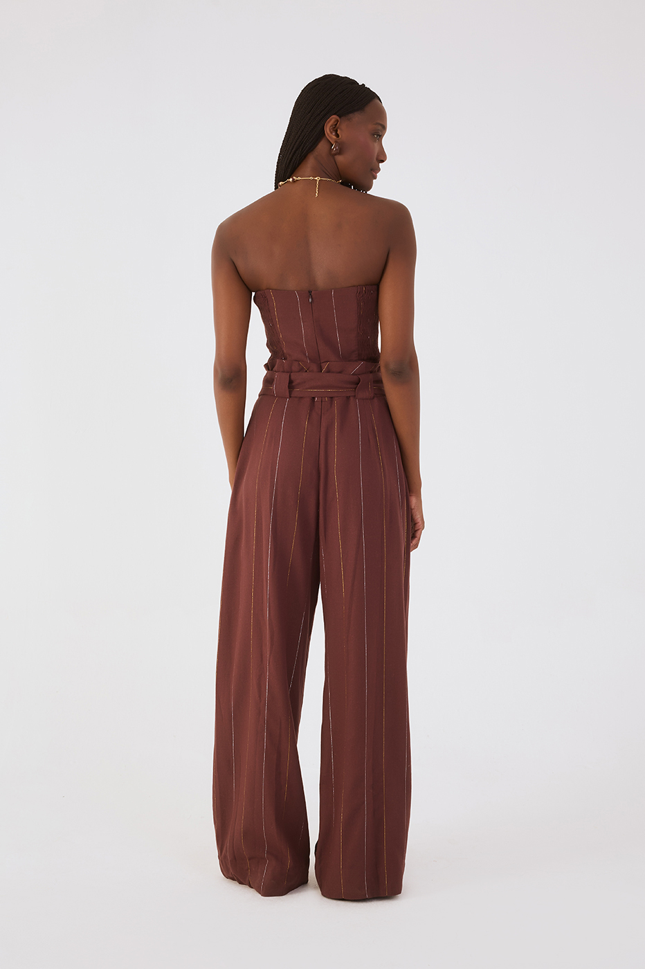 Brown Lurex Strapless Belted Pockets Linen Jumpsuit