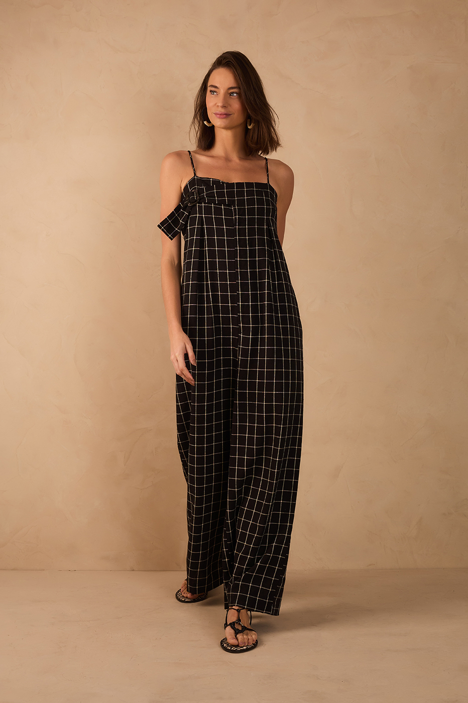 Black Pinstripe Sleeveless Front Buckle Linen Wide Jumpsuit