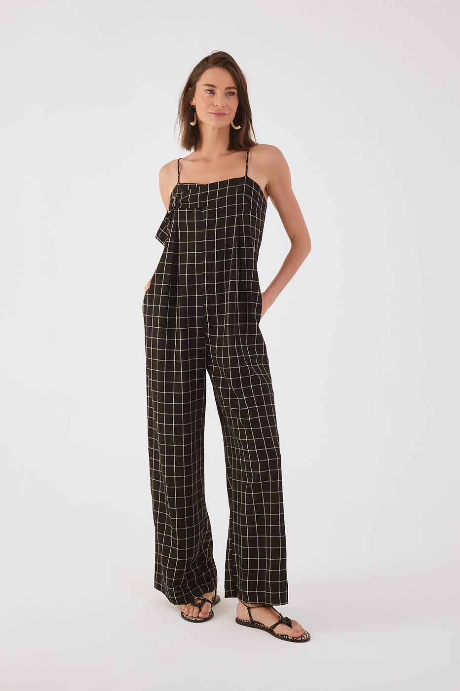 Black Pinstripe Sleeveless Front Buckle Linen Wide Jumpsuit
