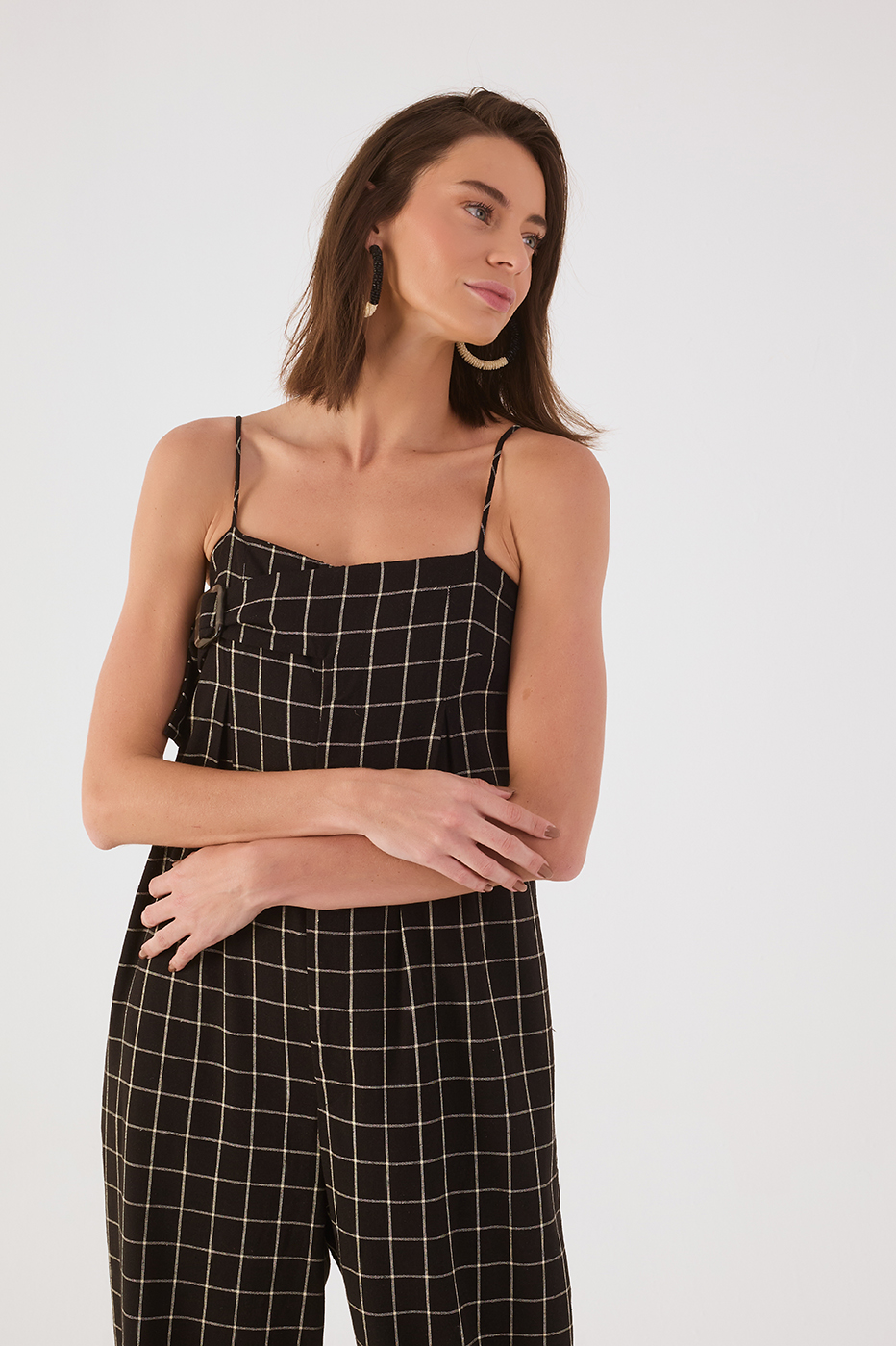 Black Pinstripe Sleeveless Front Buckle Linen Wide Jumpsuit