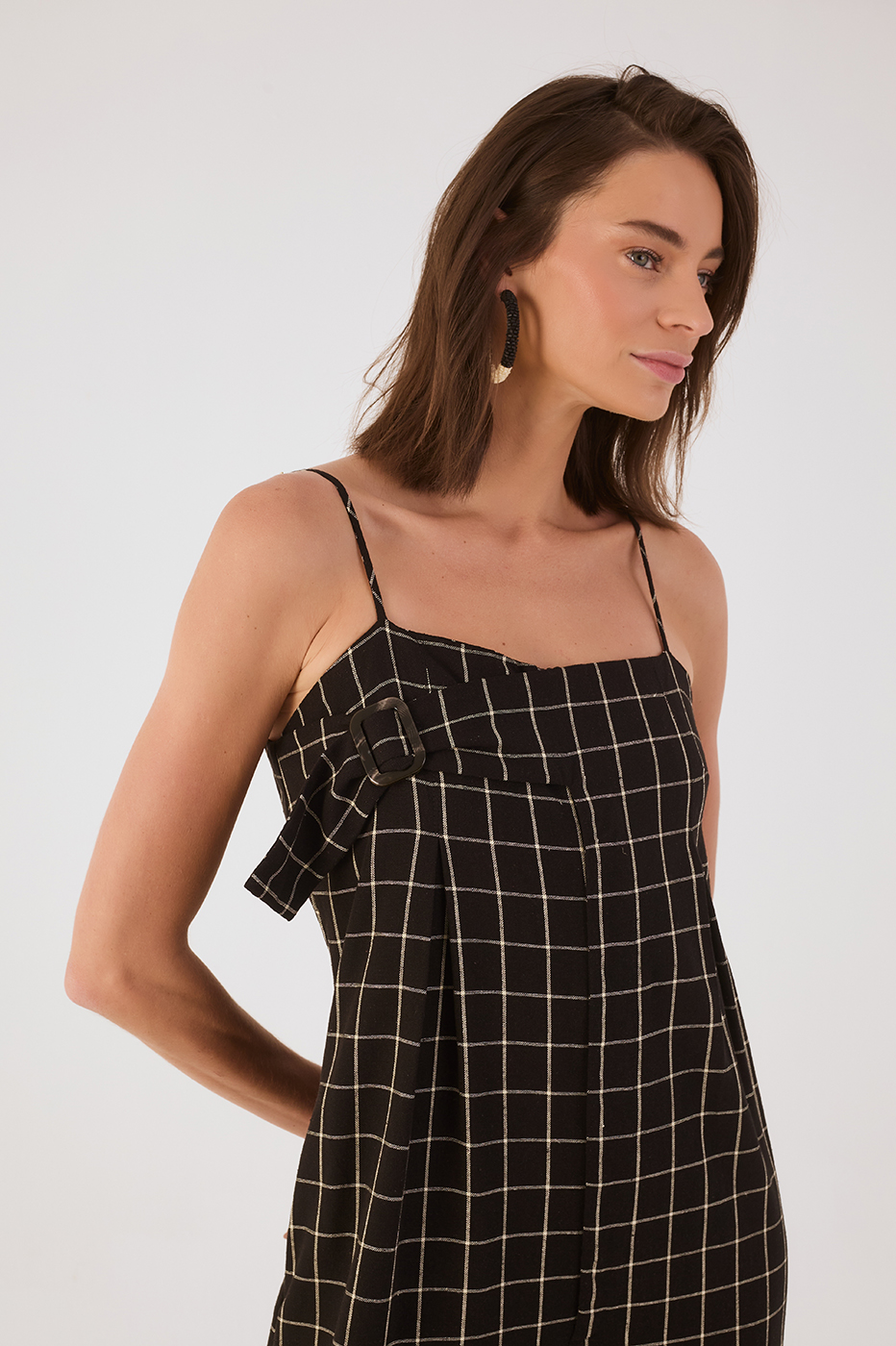 Black Pinstripe Sleeveless Front Buckle Linen Wide Jumpsuit