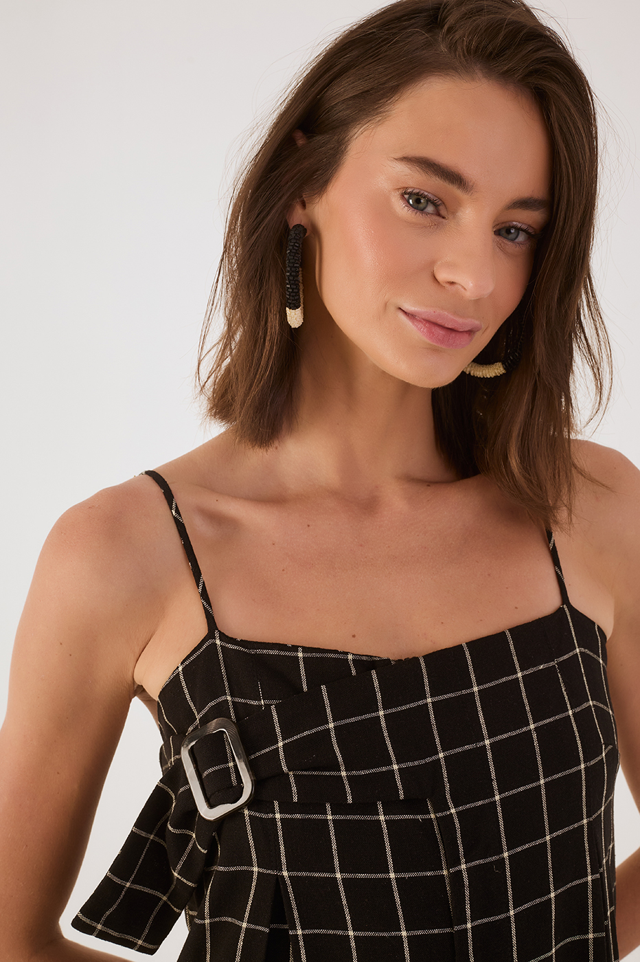 Black Pinstripe Sleeveless Front Buckle Linen Wide Jumpsuit