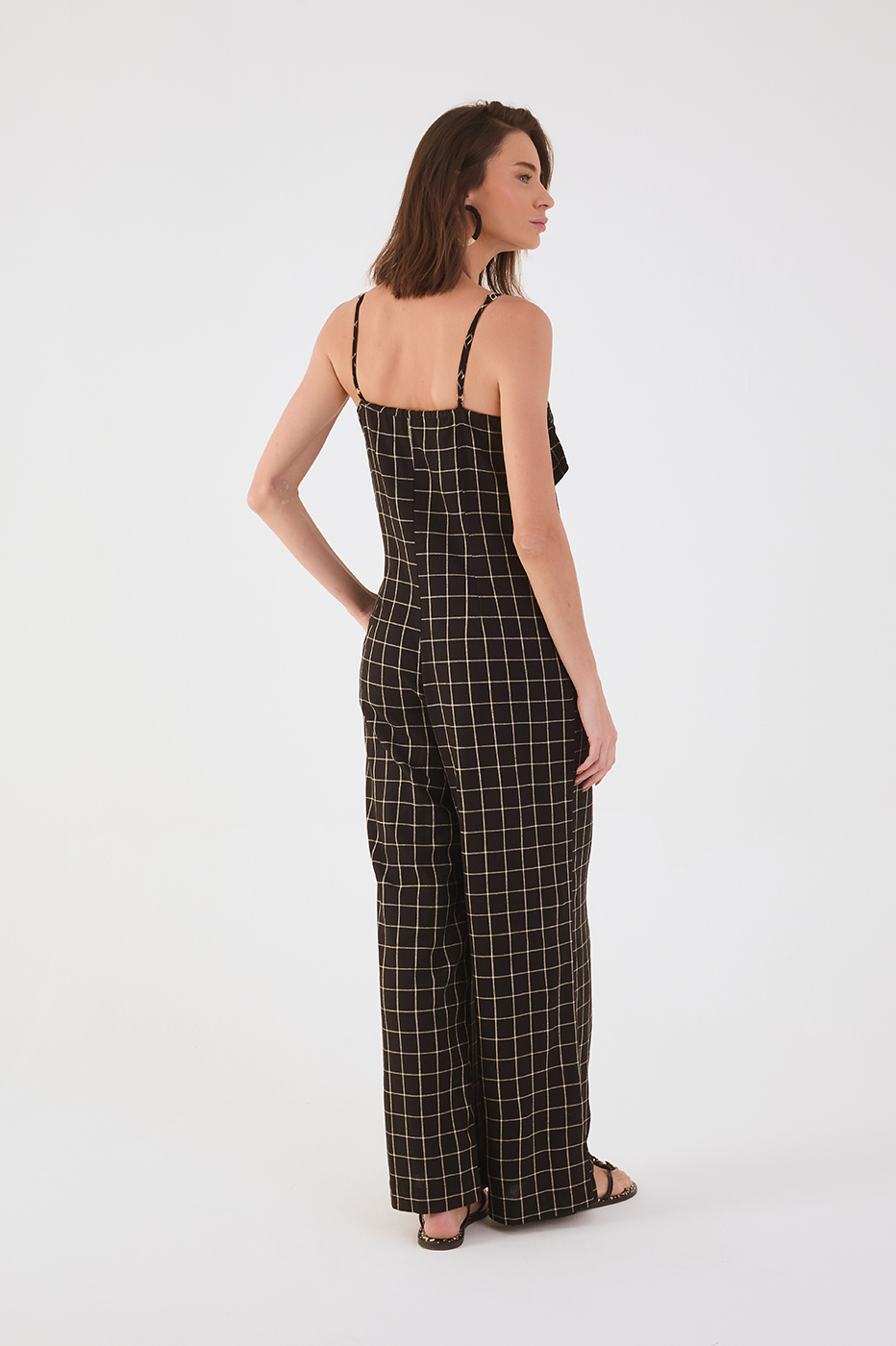 Black Pinstripe Sleeveless Front Buckle Linen Wide Jumpsuit