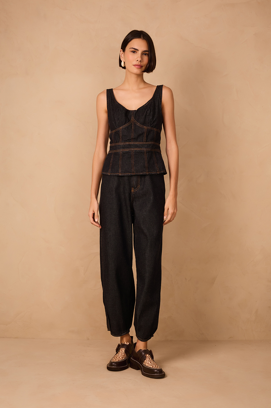 Black Denim Boat Neck Peplum Jumpsuit