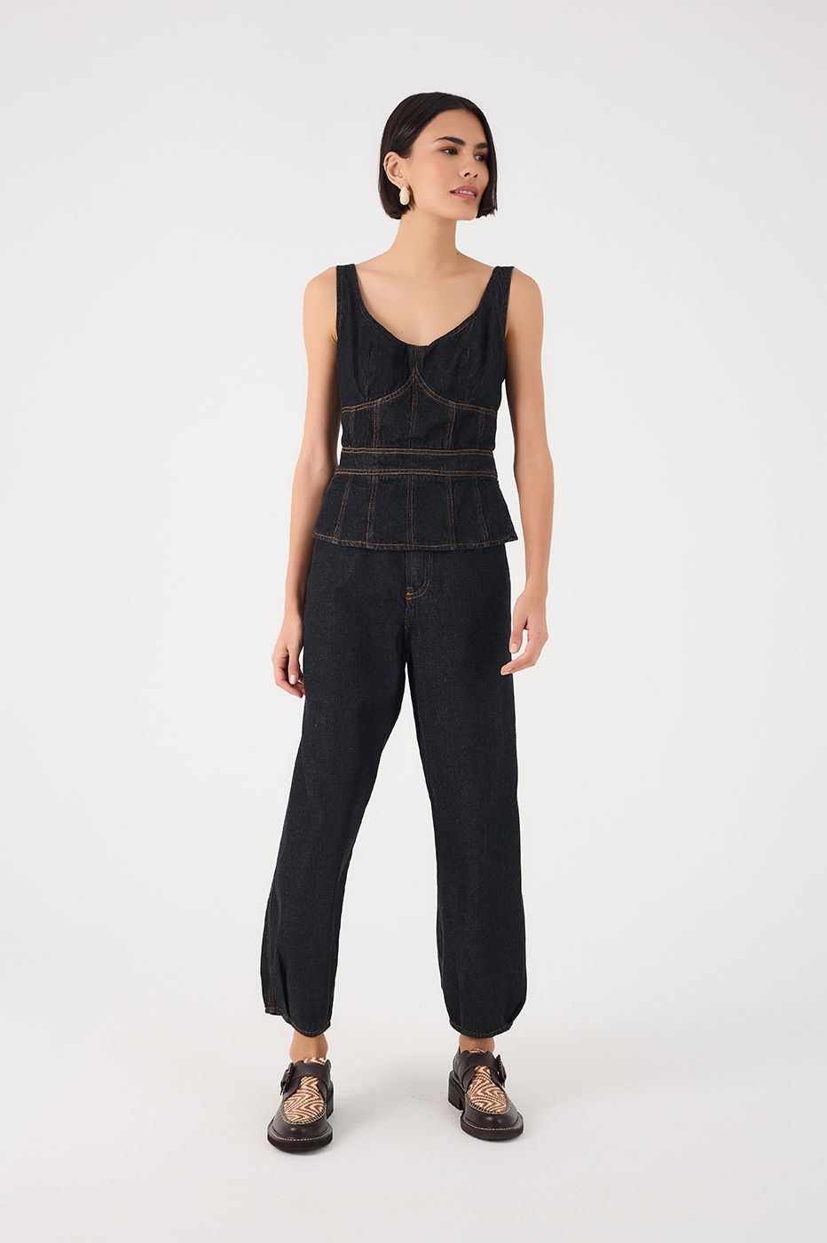 Black Denim Boat Neck Peplum Jumpsuit