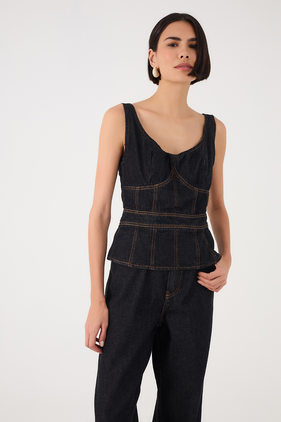 Black Denim Boat Neck Peplum Jumpsuit
