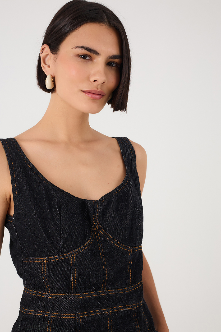 Black Denim Boat Neck Peplum Jumpsuit