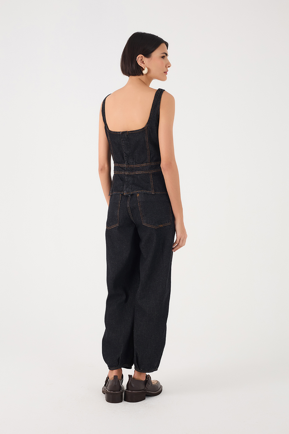 Black Denim Boat Neck Peplum Jumpsuit