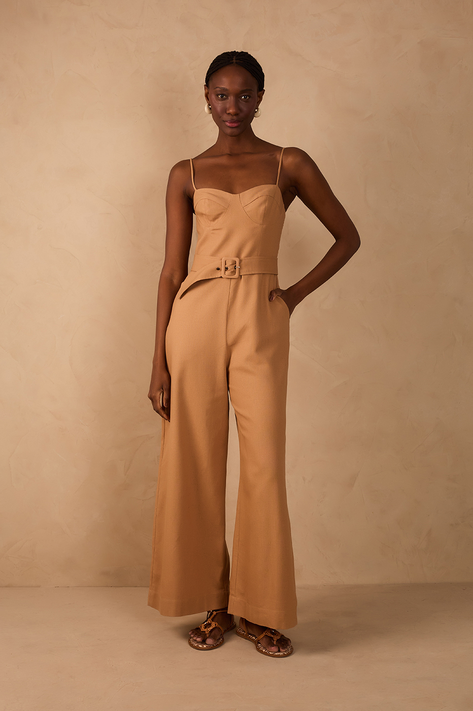 Beige Leme Sleeveless Belted Smocked Bodice Pockets Linen Jumpsuit