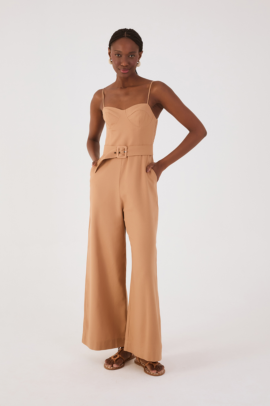 Beige Leme Sleeveless Belted Smocked Bodice Pockets Linen Jumpsuit