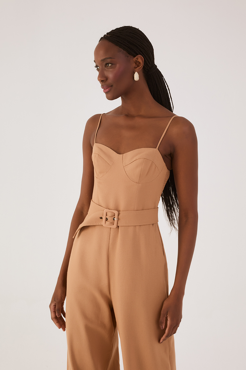 Beige Leme Sleeveless Belted Smocked Bodice Pockets Linen Jumpsuit