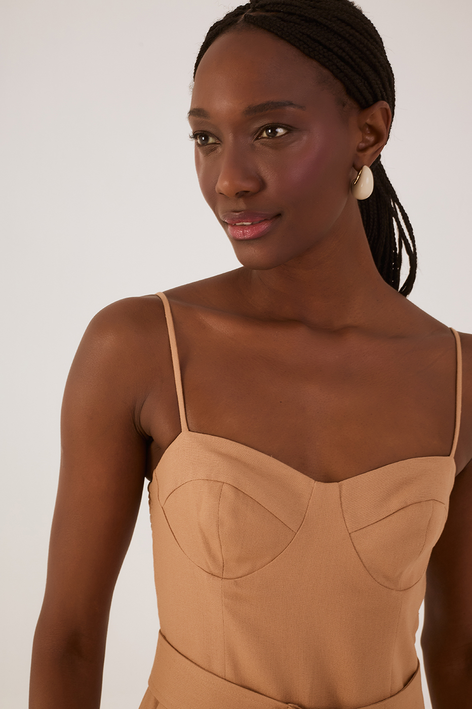 Beige Leme Sleeveless Belted Smocked Bodice Pockets Linen Jumpsuit