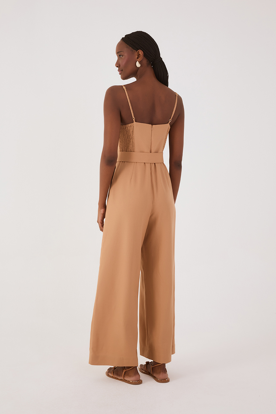 Beige Leme Sleeveless Belted Smocked Bodice Pockets Linen Jumpsuit