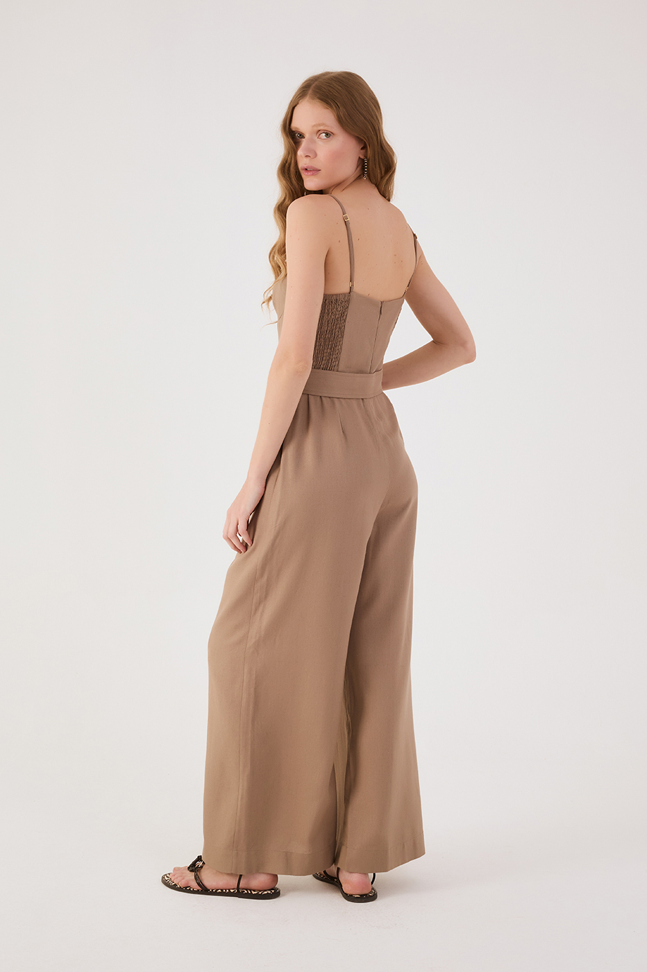 Gray Mirante Sleeveless Belted Smocked Bodice Pockets Linen Jumpsuit