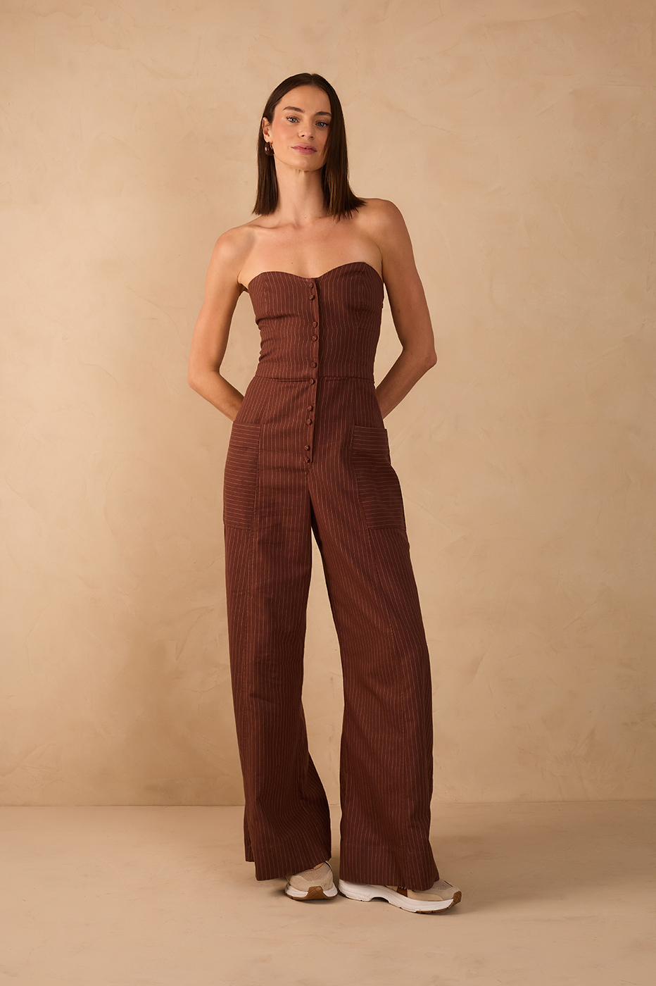 Brown Pinstripe Strapless Buttoned Smocked Jumpsuit