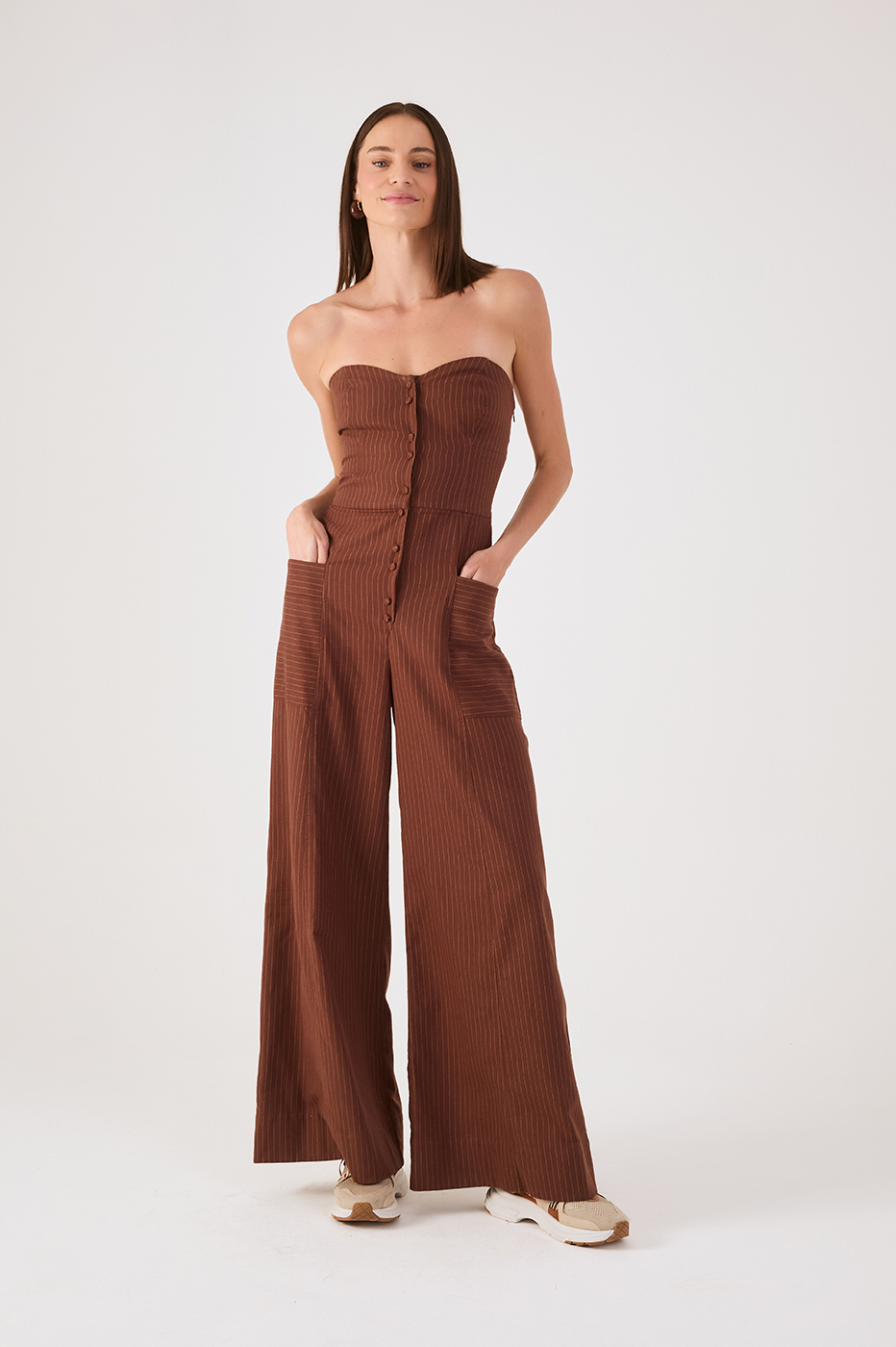Brown Pinstripe Strapless Buttoned Smocked Jumpsuit
