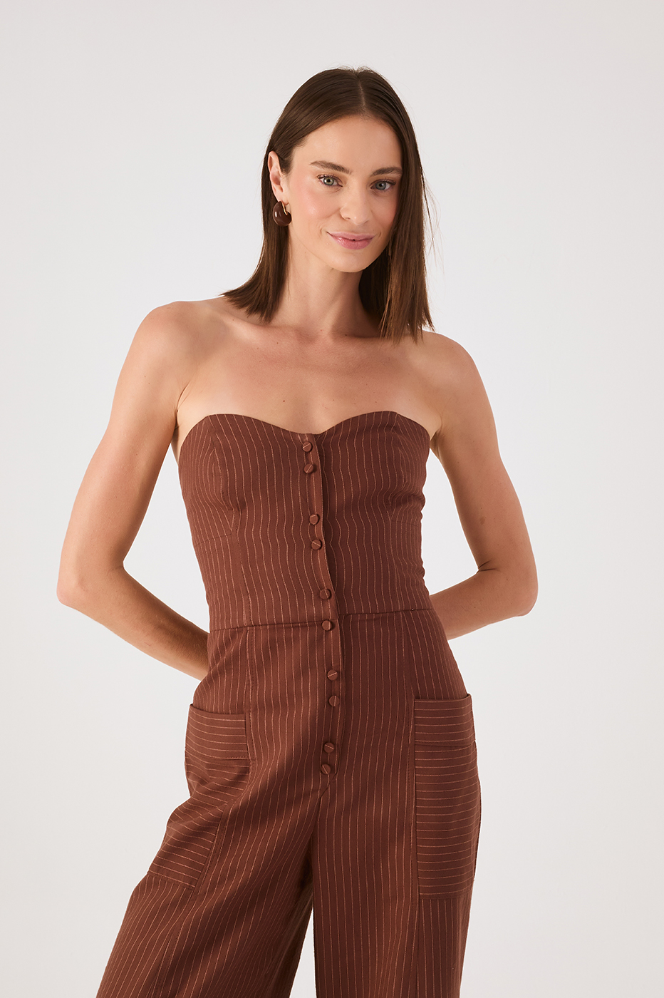 Brown Pinstripe Strapless Buttoned Smocked Jumpsuit
