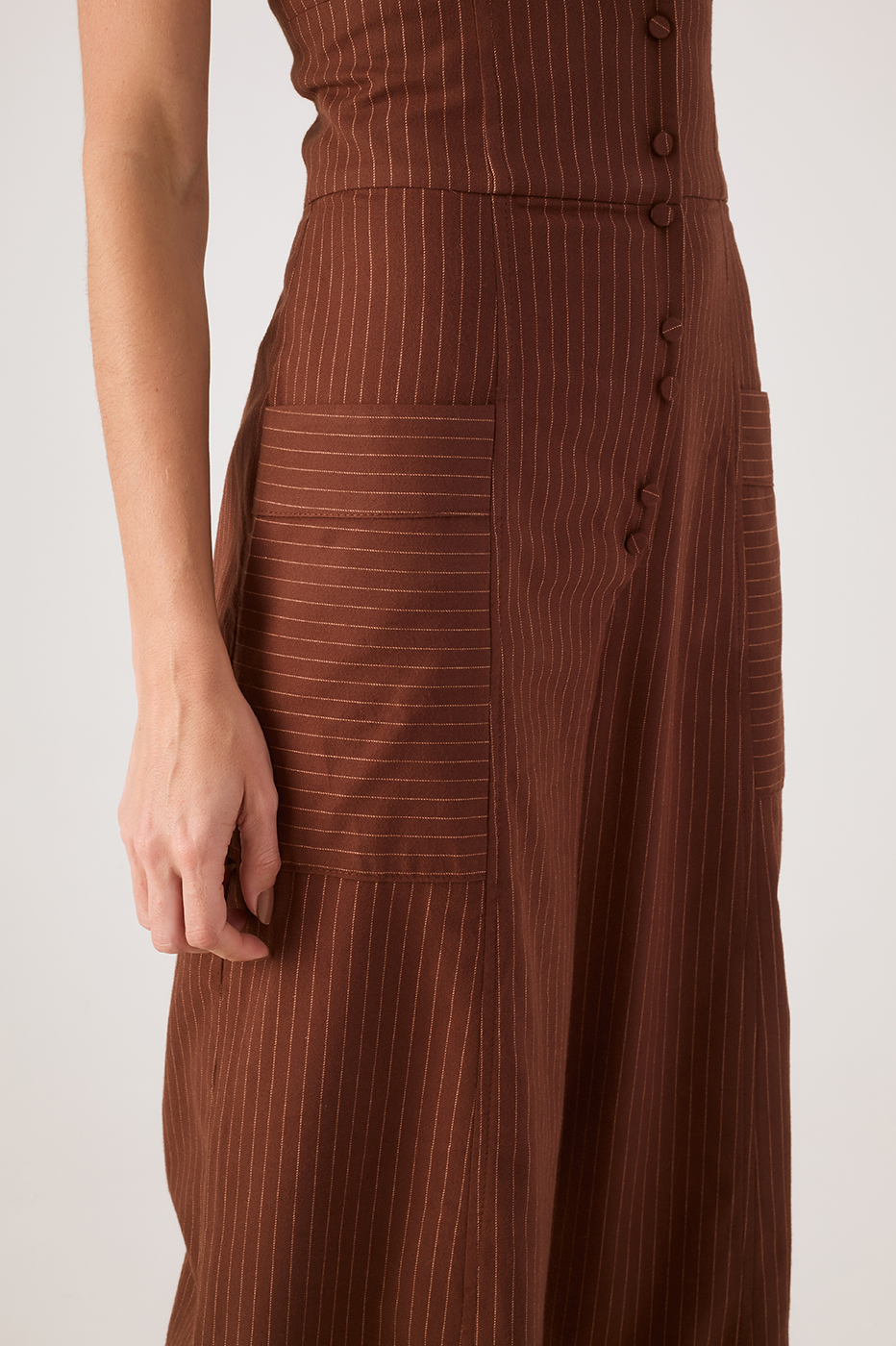 Brown Pinstripe Strapless Buttoned Smocked Jumpsuit