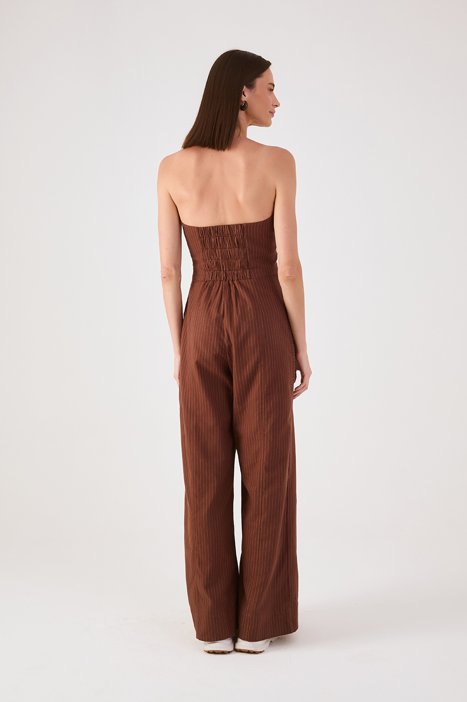 Brown Pinstripe Strapless Buttoned Smocked Jumpsuit