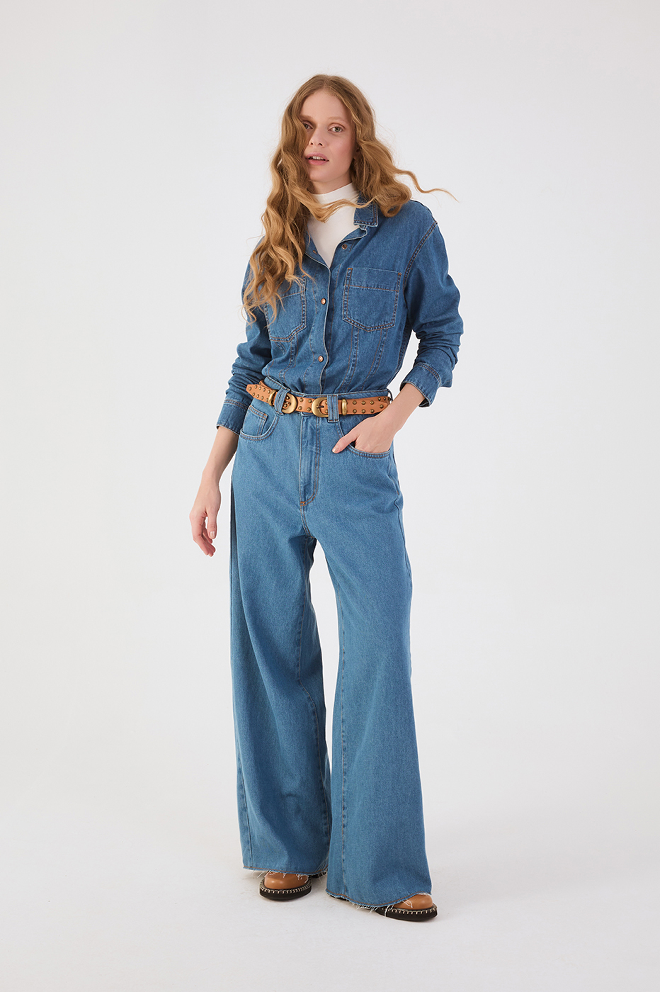Denim 3-In-1 Buttoned Shirt Pants Jumpsuit