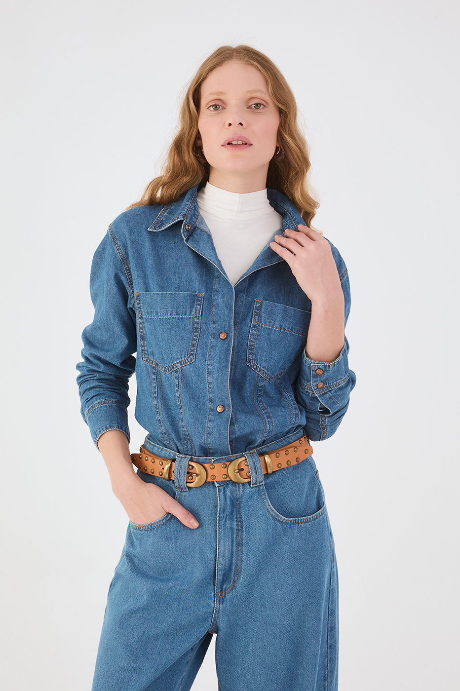 Denim 3-In-1 Buttoned Shirt Pants Jumpsuit