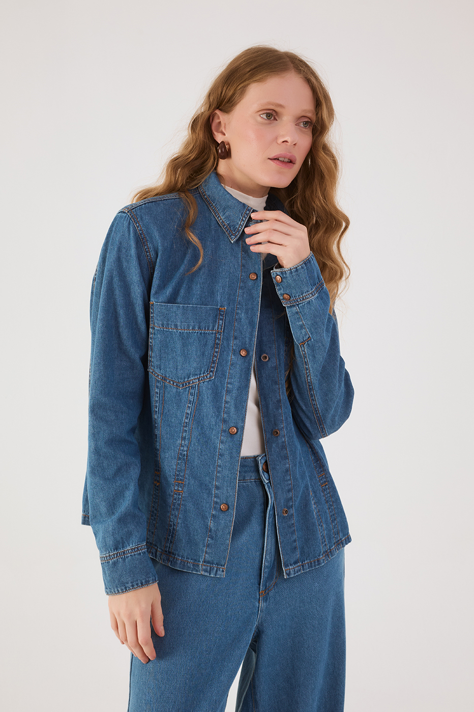 Denim 3-In-1 Buttoned Shirt Pants Jumpsuit