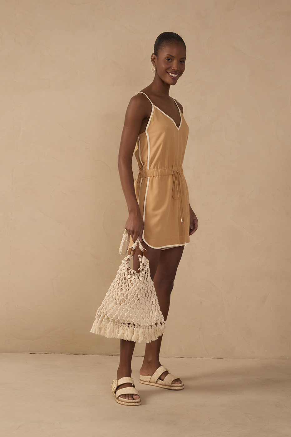 Beige V Neck Drawstring Romper in Summer Beige