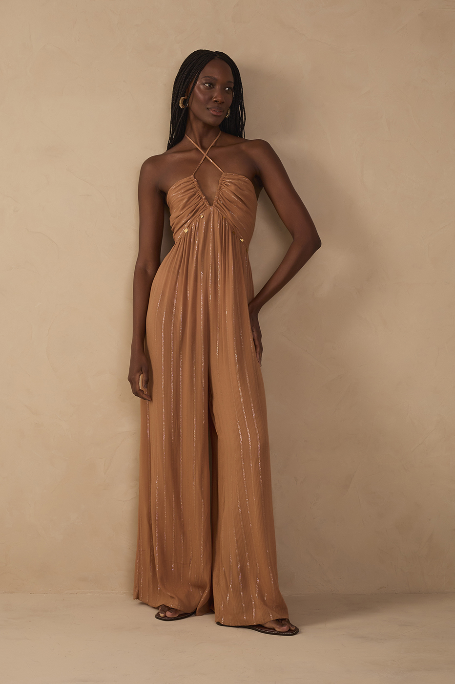 Beige Ruched Cross-Neck Lurex Jumpsuit_1